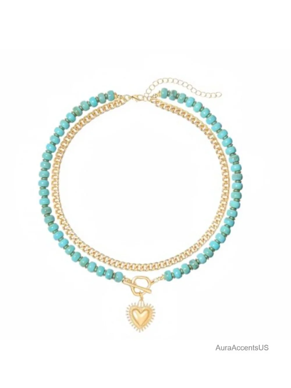 Layered Acrylic Beaded Choker Necklace 14K Gold Plated Heart Pendant